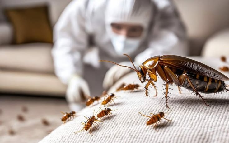 A large brown cockroach and several small nymphs crawling on fabric with a blurred pest control operator in a white protective suit in the background.