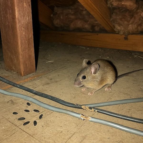 A small brown mouse standing in a dusty attic next to chewed electrical cables and a cluster of black mouse droppings on the floor.