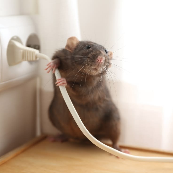 A large dark brown rat standing on its hind legs on a wooden surface, holding onto a white electrical power cord plugged into a wall outlet.