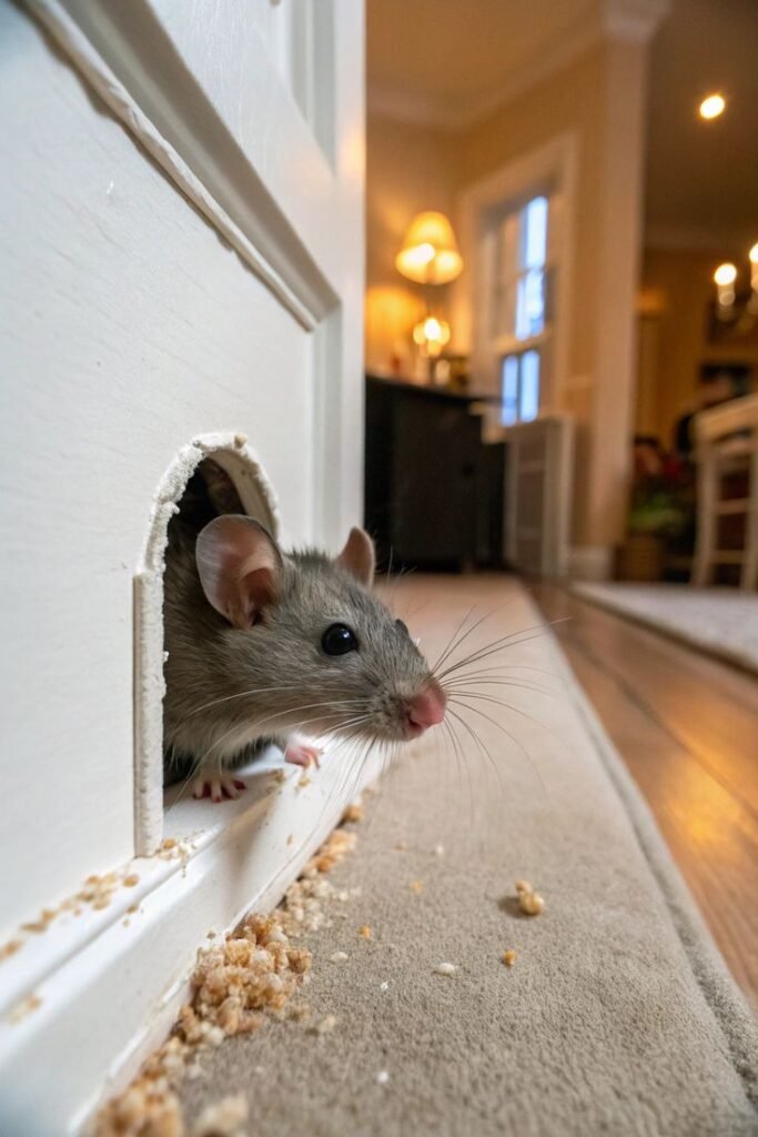 A small grey mouse peeking out from a small hole chewed into the bottom of a white baseboard wall inside a home.