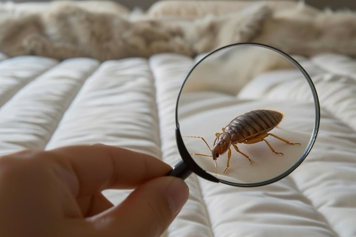 A hand holding a magnifying glass over a large bed bug on a white tufted mattress to inspect for a pest infestation.