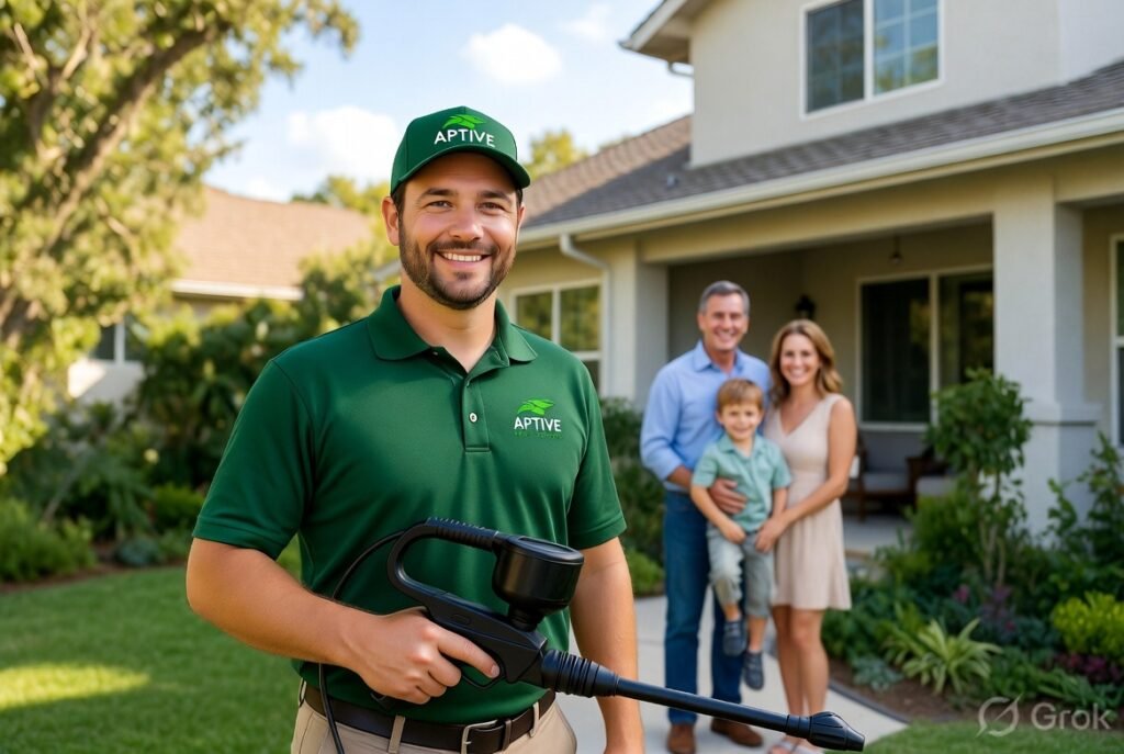 A smiling professional pest control technician in a green Aptive branded polo shirt and cap holding a specialized spray wand, with a happy family standing in front of their suburban home in the background.
