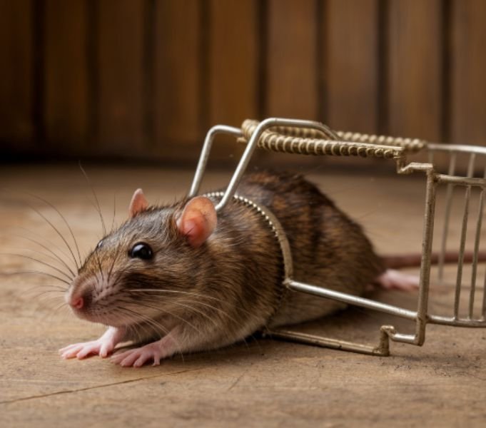 A large brown rat caught in a metal spring trap on a wooden floor in a home.
